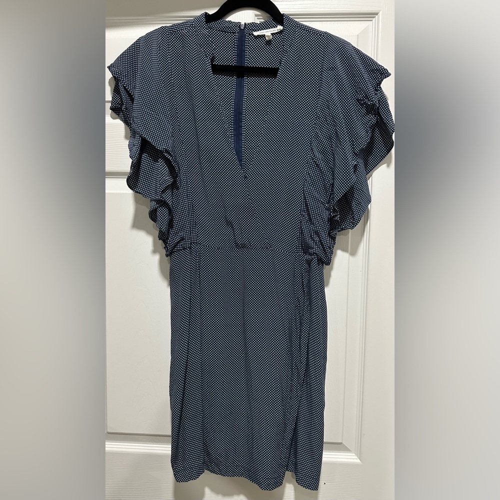 Avec Les Filles Navy and White Polka Dot Ruffle Sleeve Mini Dress